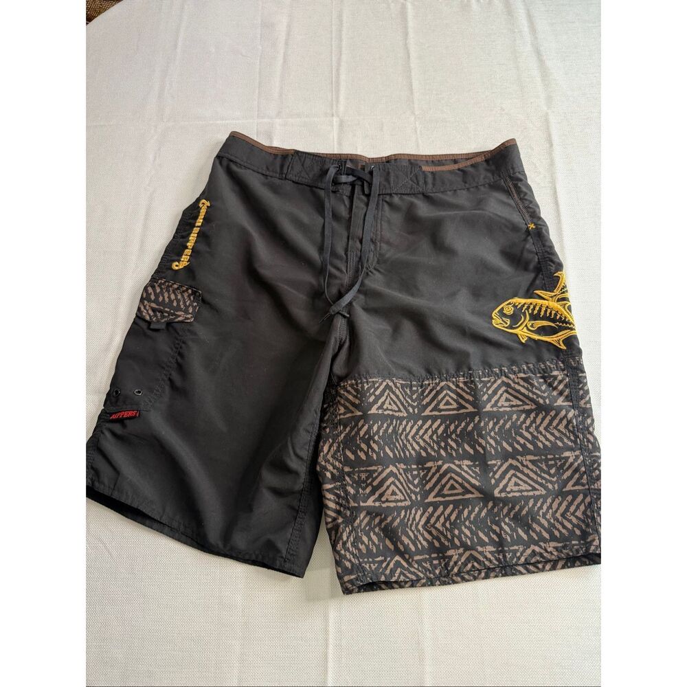 Maui Rippers Black Y2K Hawaiian Ulua Fish Swim Trunks Shorts Size 34